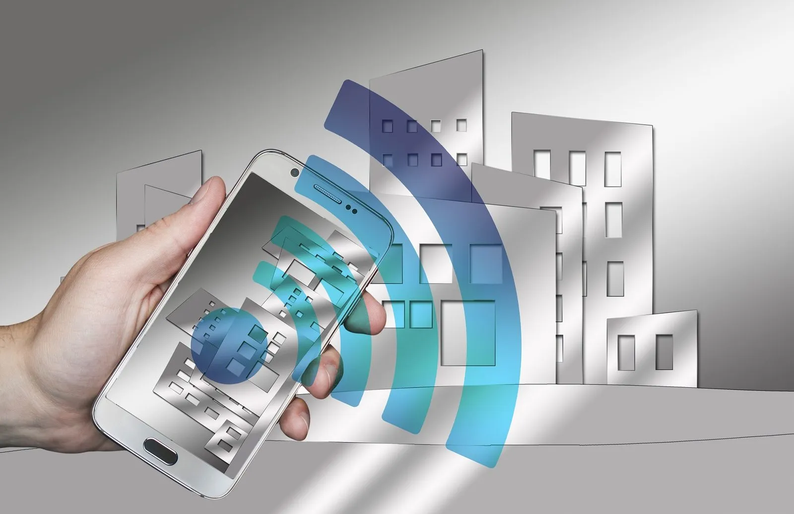 Tangan memegang ponsel dengan gelombang sinyal WiFi di depan ilustrasi gedung-gedung